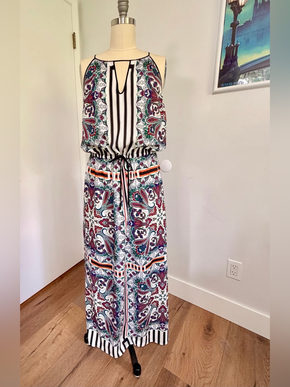 Clover Canyon Sleeveless Printed Maxi Dress in Navy, Teal & Burgundy.  (Large)
